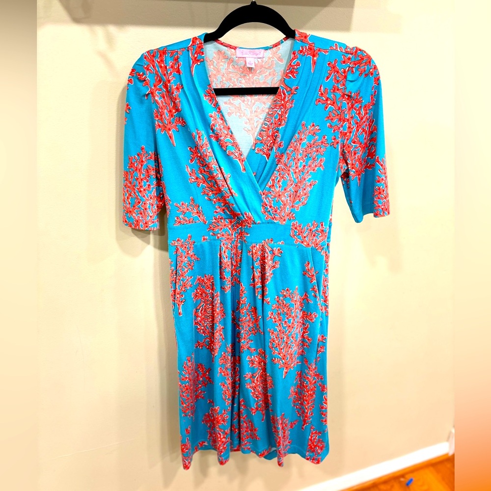 Lilly Pulitzer Blue w Red Coral Cotton Silk Dress sz Small